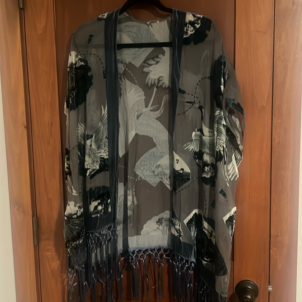Gorgeous kimono like cover-up. Slate blue burnout velvet with silky fringe.